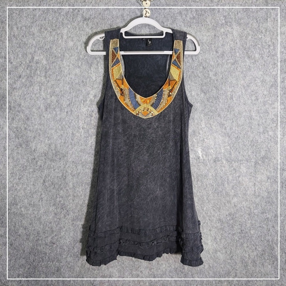 Awake Couture Dress L Embroidered Beaded Sequin Ruffled Mineral Wash Boho Tribal